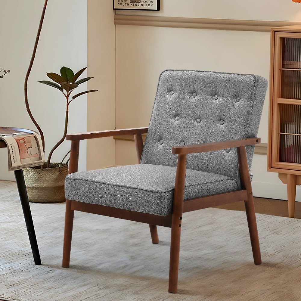 Modern Grey Armchair with Wooden Arms Comfortable Upholstered Accent Chair