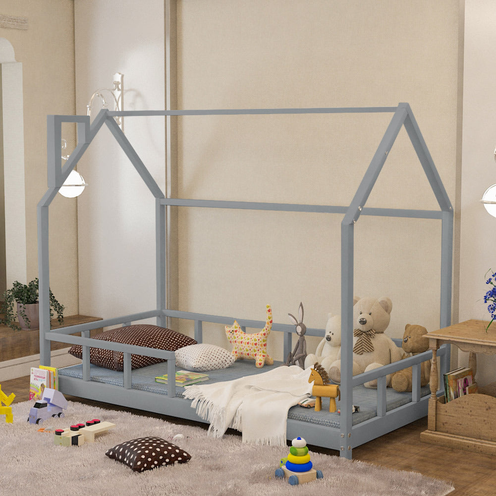 Kids House Bed Solid Pine Low Frame With Guardrails Safe Sleep