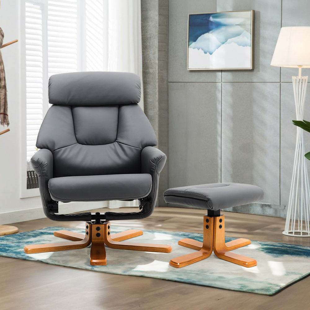 Grey PU Adjustable Tilt Swivel Faux Leather Recliner Chair With Ottoman