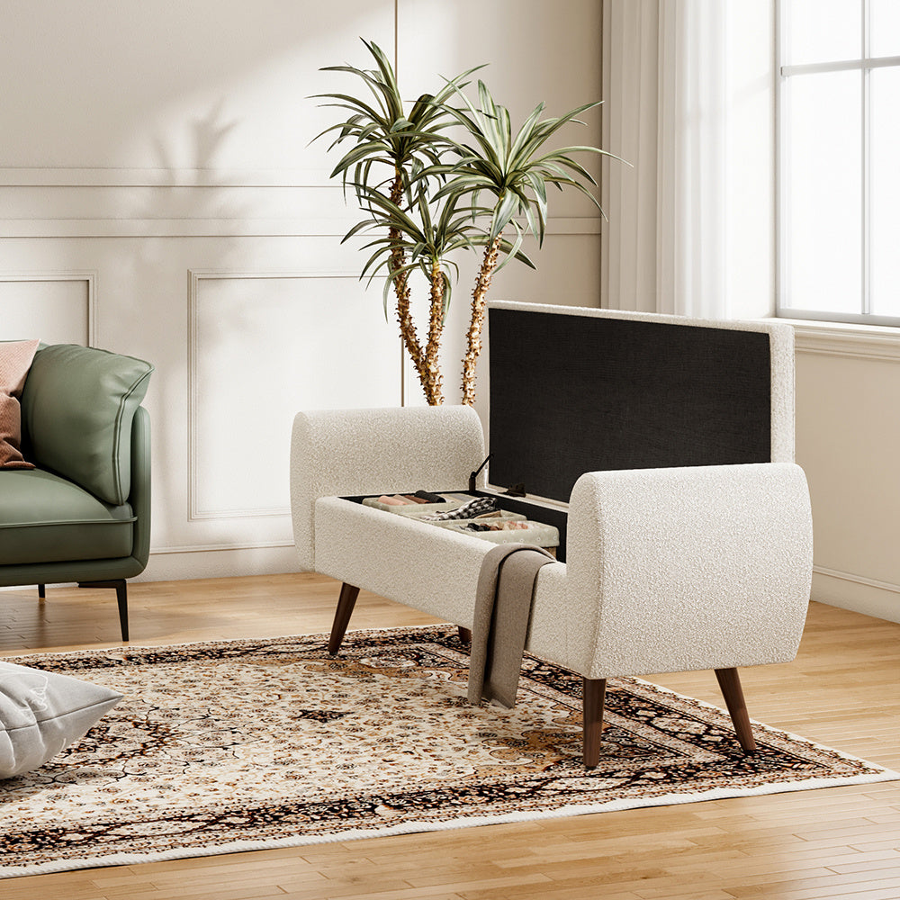 Linen Upholstered Storage Bench with Hidden Storage and Cushioned Seat