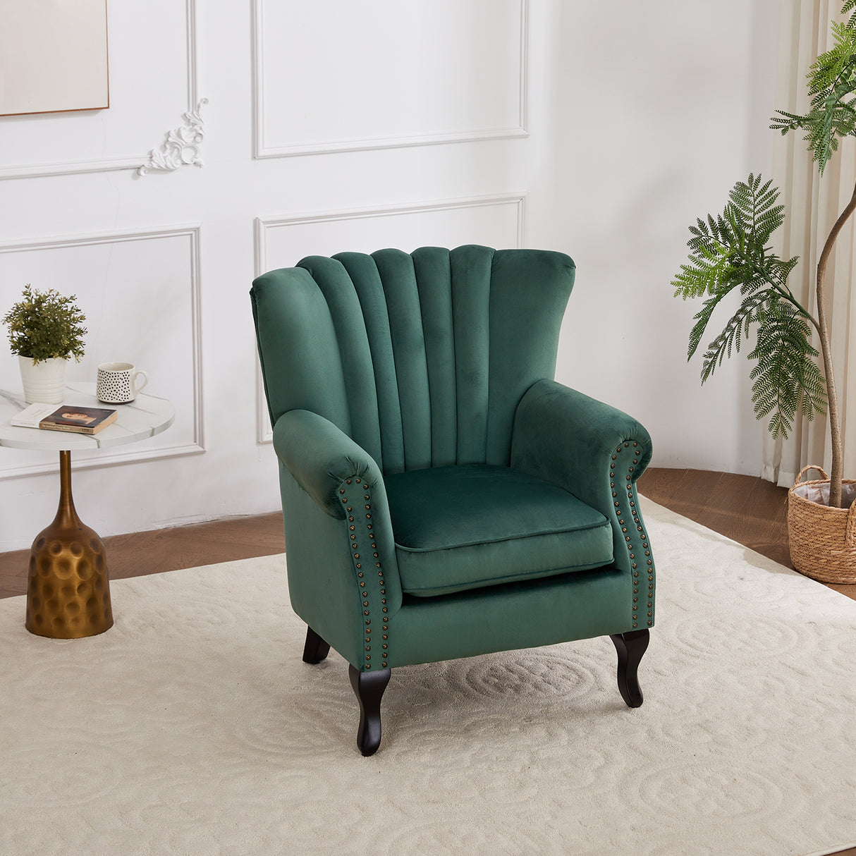 Green Velvet Armchair Luxury Accent Chair with Black Legs