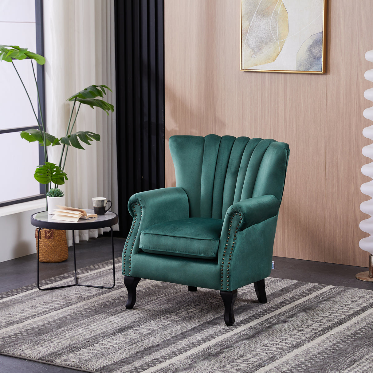 Green Velvet Armchair Luxury Accent Chair with Black Legs