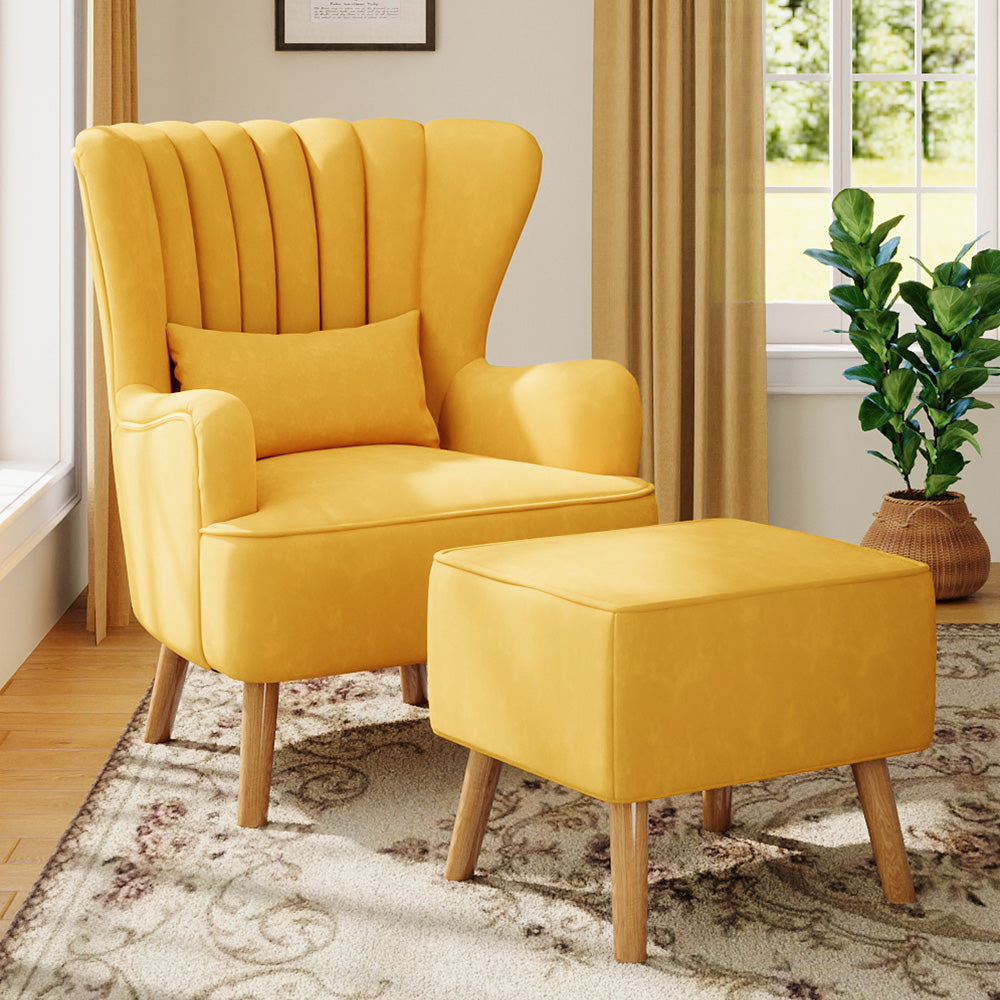 Suede Wingback Armchair with Footstool and Lumbar Pillow