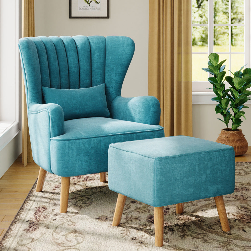 Suede Wingback Armchair with Footstool and Lumbar Pillow