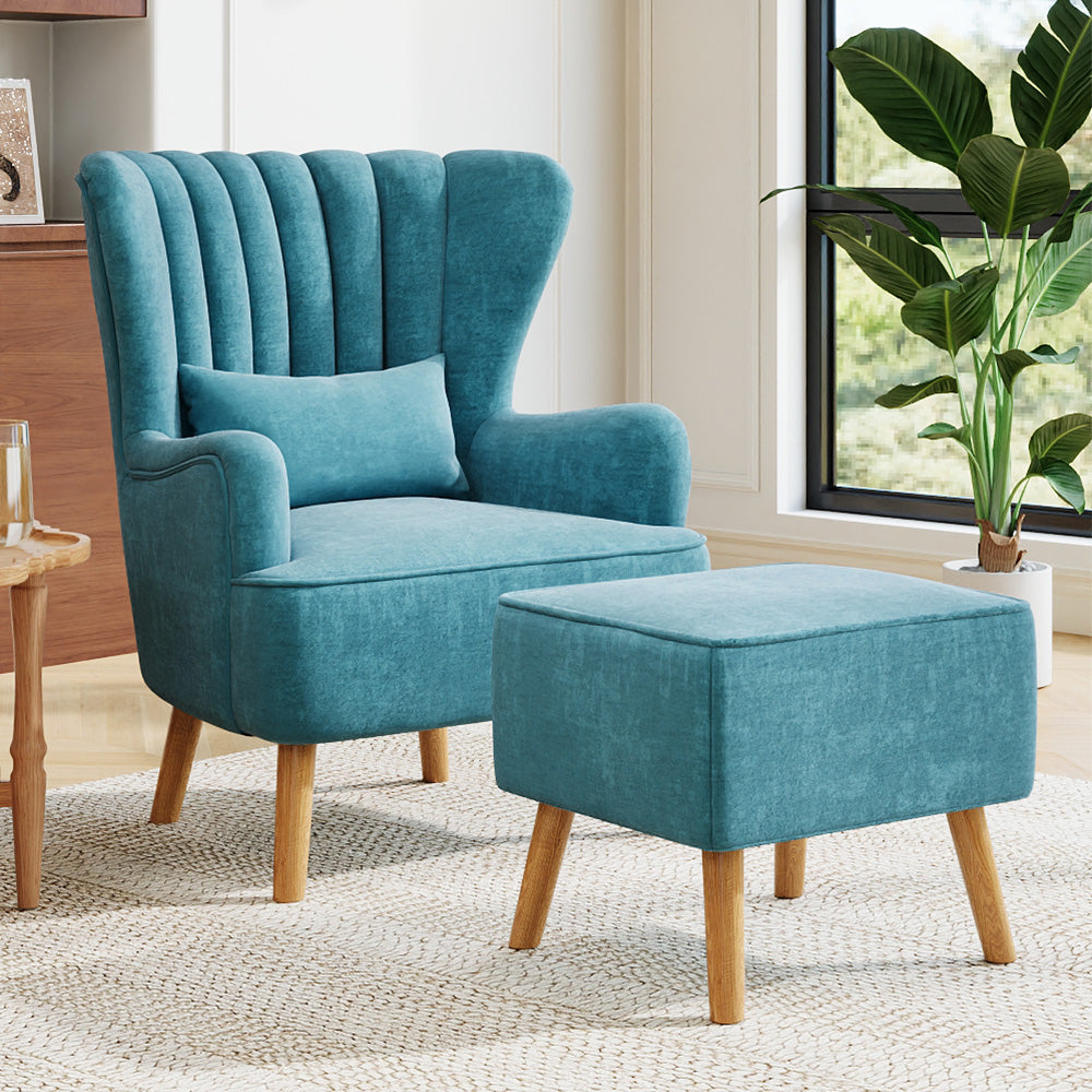 Suede Wingback Armchair with Footstool and Lumbar Pillow