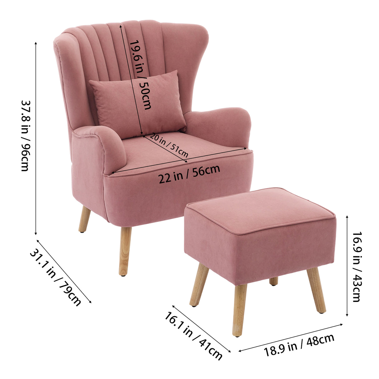 Curved Back Armchair with Footstool Velvet Upholstered Reading Chair