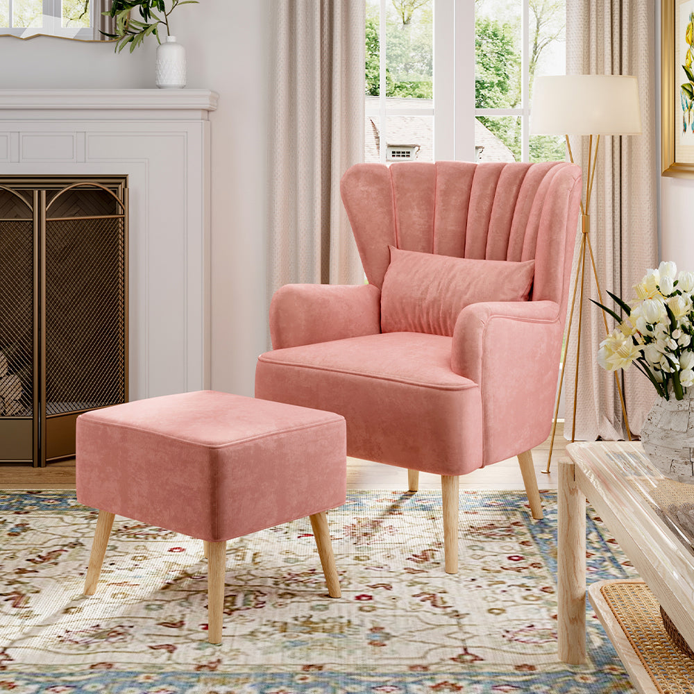 Curved Back Armchair with Footstool Velvet Upholstered Reading Chair