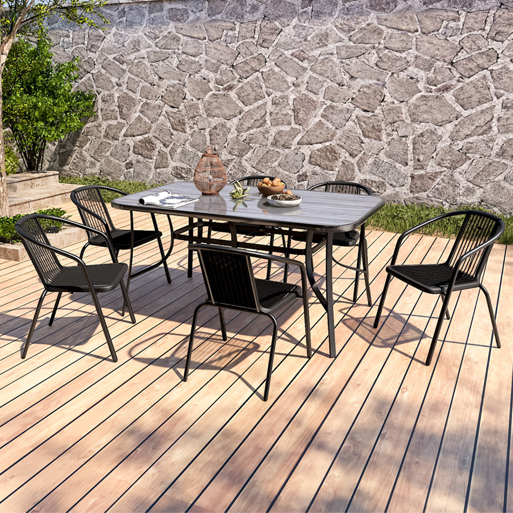 Rectangular 150cm Garden Tempered Glass Wood Grain Coffee Table with Six chairs