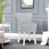 Plush Shaggy Plush Vanity Stool White Wooden Legs, Grey