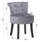Velvet Buttoned Vanity Stool Black Wooden Legs, Light Grey