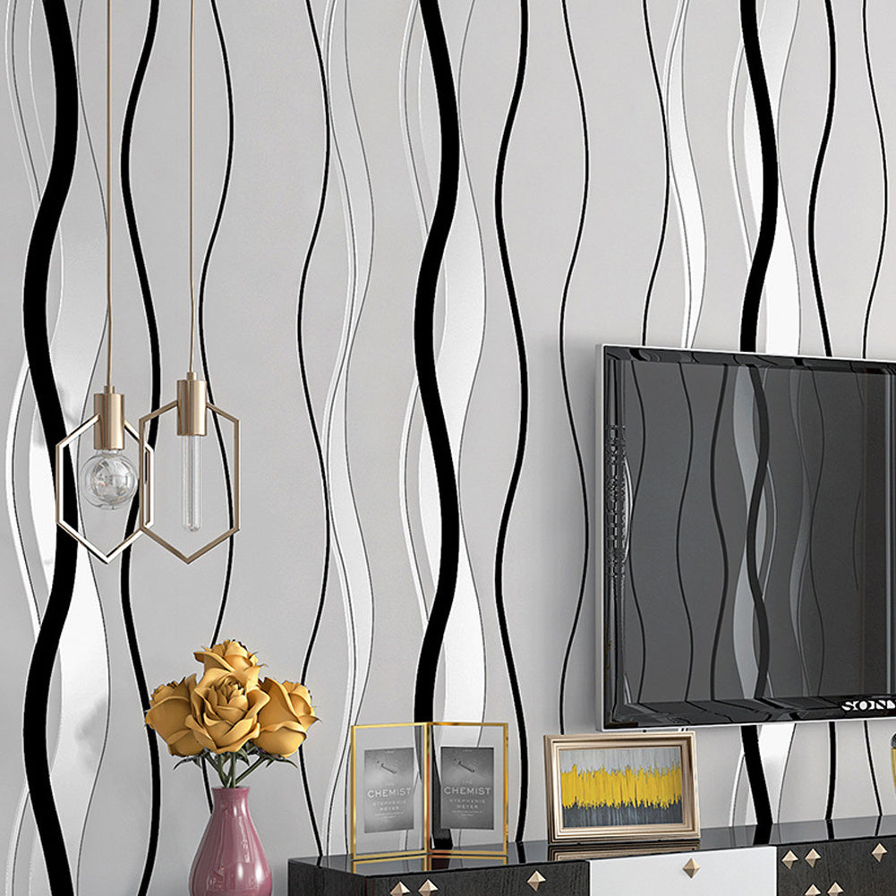 Silver Grey Modern Curve Striped Non Woven Wallpaper