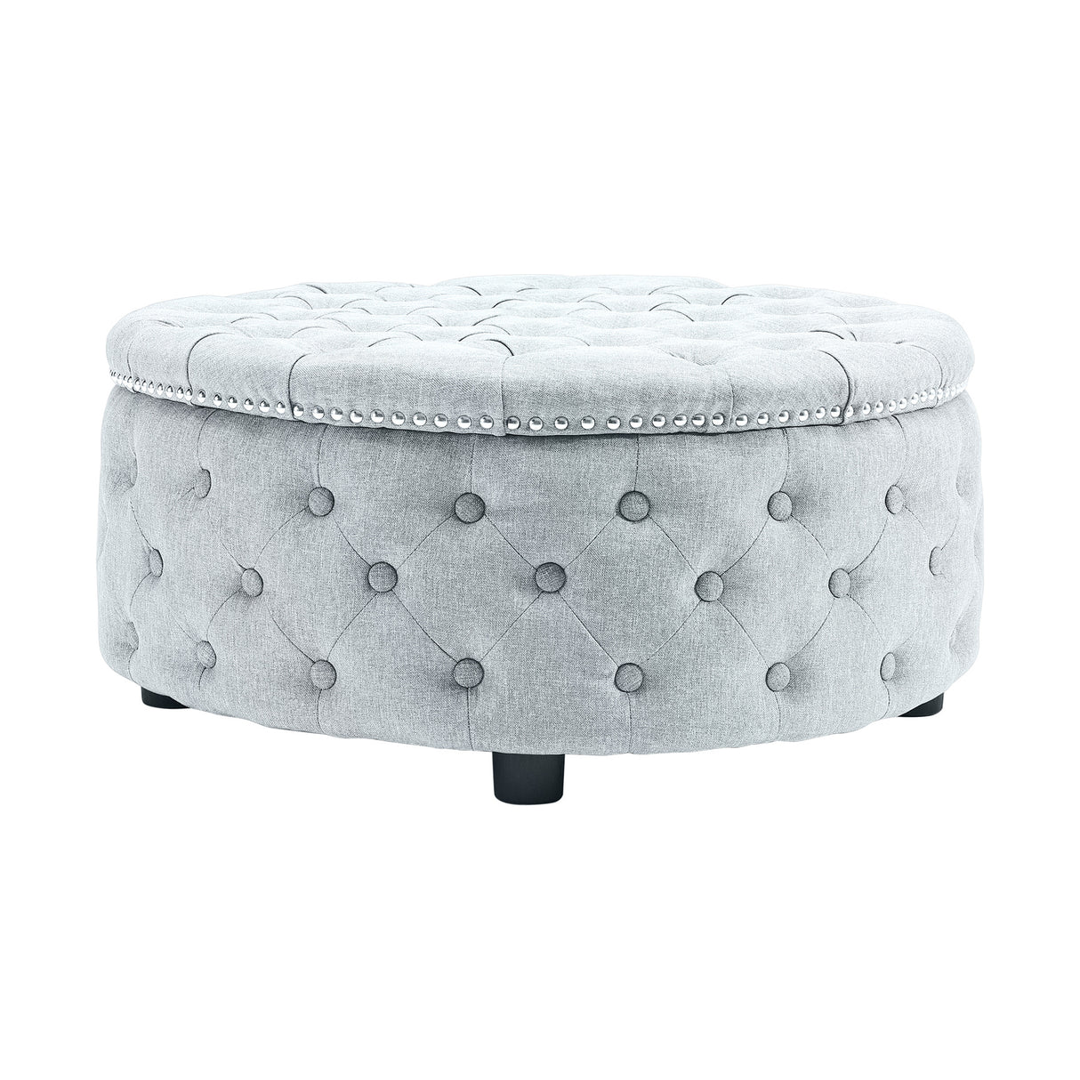 Linen Round Chesterfield Buttoned Footstool studded Edge, Grey White