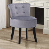 Velvet Buttoned Vanity Stool Black Wooden Legs, Light Grey