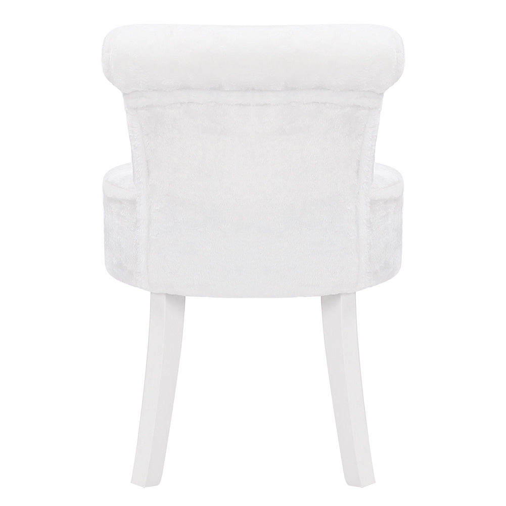 Plush Shaggy Plush Vanity Stool White Wooden Legs, White
