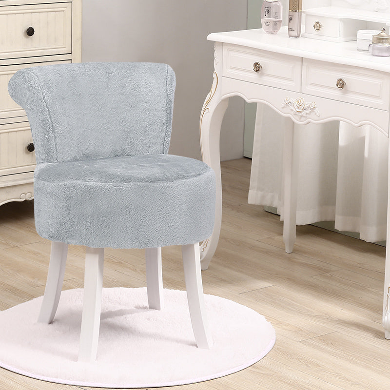 Plush Shaggy Plush Vanity Stool White Wooden Legs, Grey