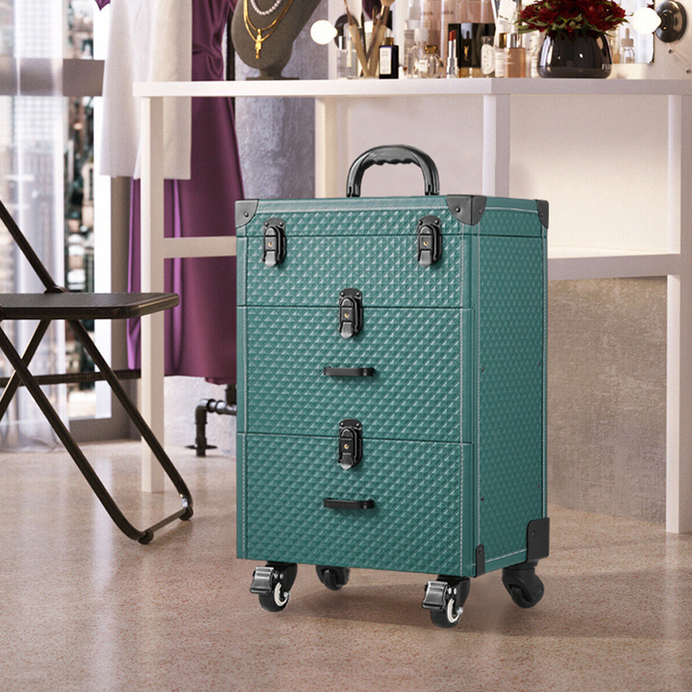 3in1 Cosmetic Trolley Case Beauty case Rolling Makeup Case on Wheels,Green
