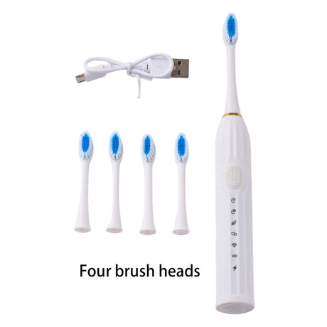 Sonic Electric Toothbrush 4 Heads USB Rechargeable White Cleaner with 4 Brush Heads