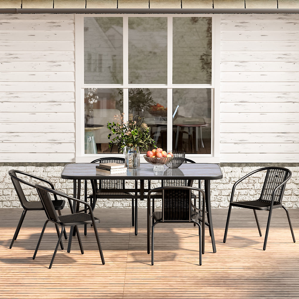 Rectangular 150cm Garden Tempered Glass Wood Grain Coffee Table with Six chairs