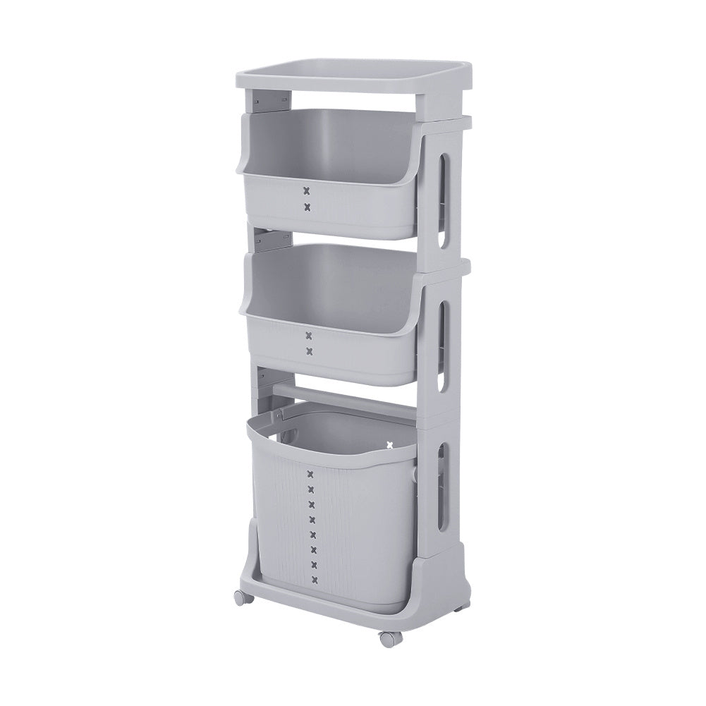 Grey 4 Tier Storage Rack Laundry Basket with Wheels