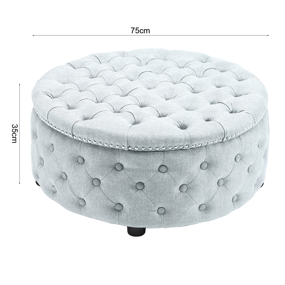 Linen Round Chesterfield Buttoned Footstool studded Edge, Grey White