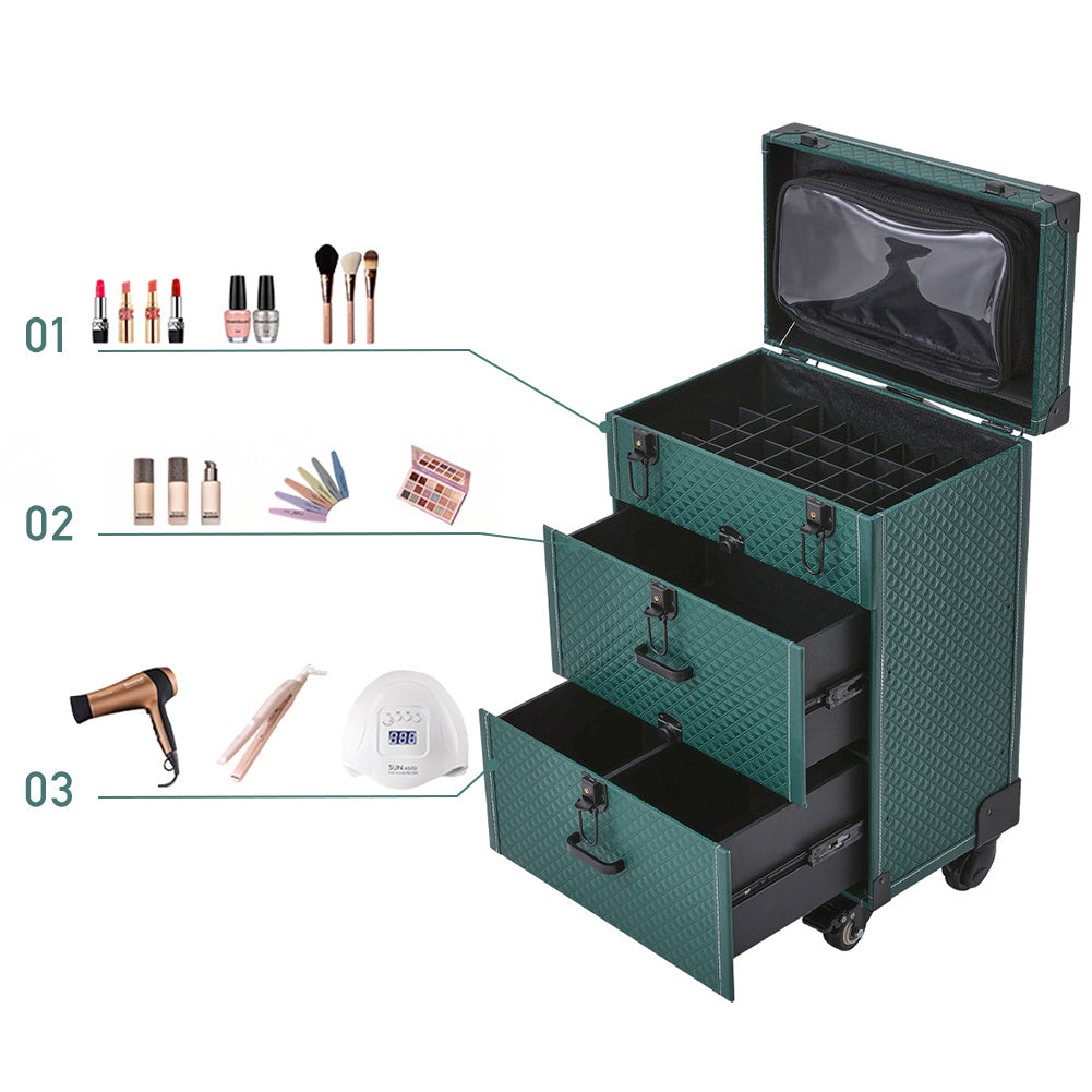 3in1 Cosmetic Trolley Case Beauty case Rolling Makeup Case on Wheels,Green