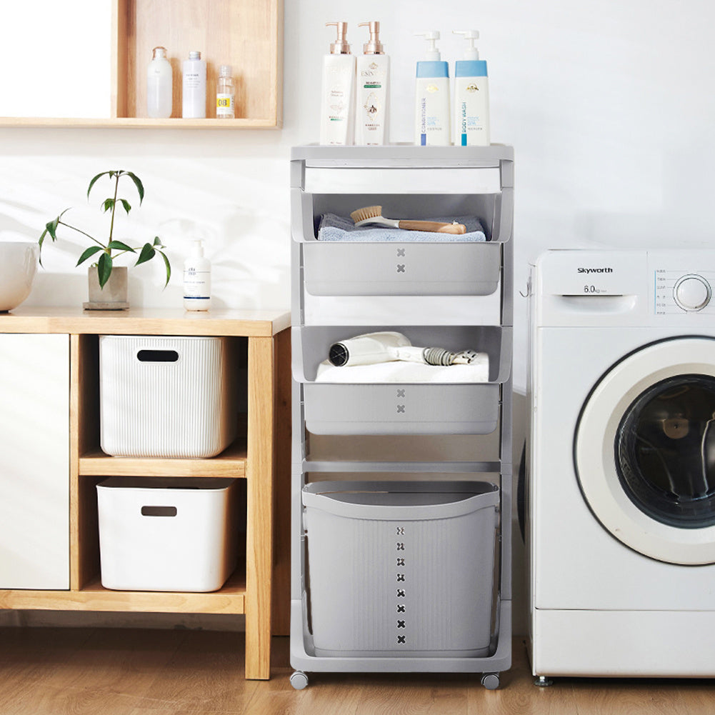 Grey 4 Tier Storage Rack Laundry Basket with Wheels