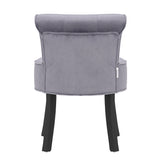 Velvet Buttoned Vanity Stool Black Wooden Legs, Light Grey