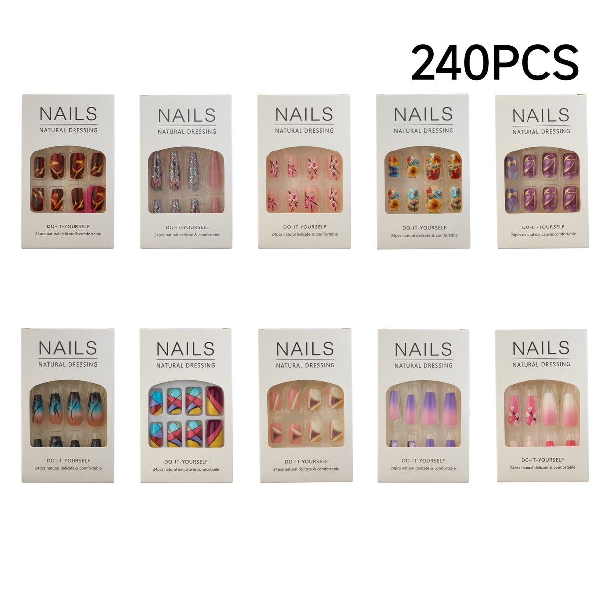 240PCS Floral & Geometric Series Press On Nails Glossy Fake Nails DIY Manicure Set