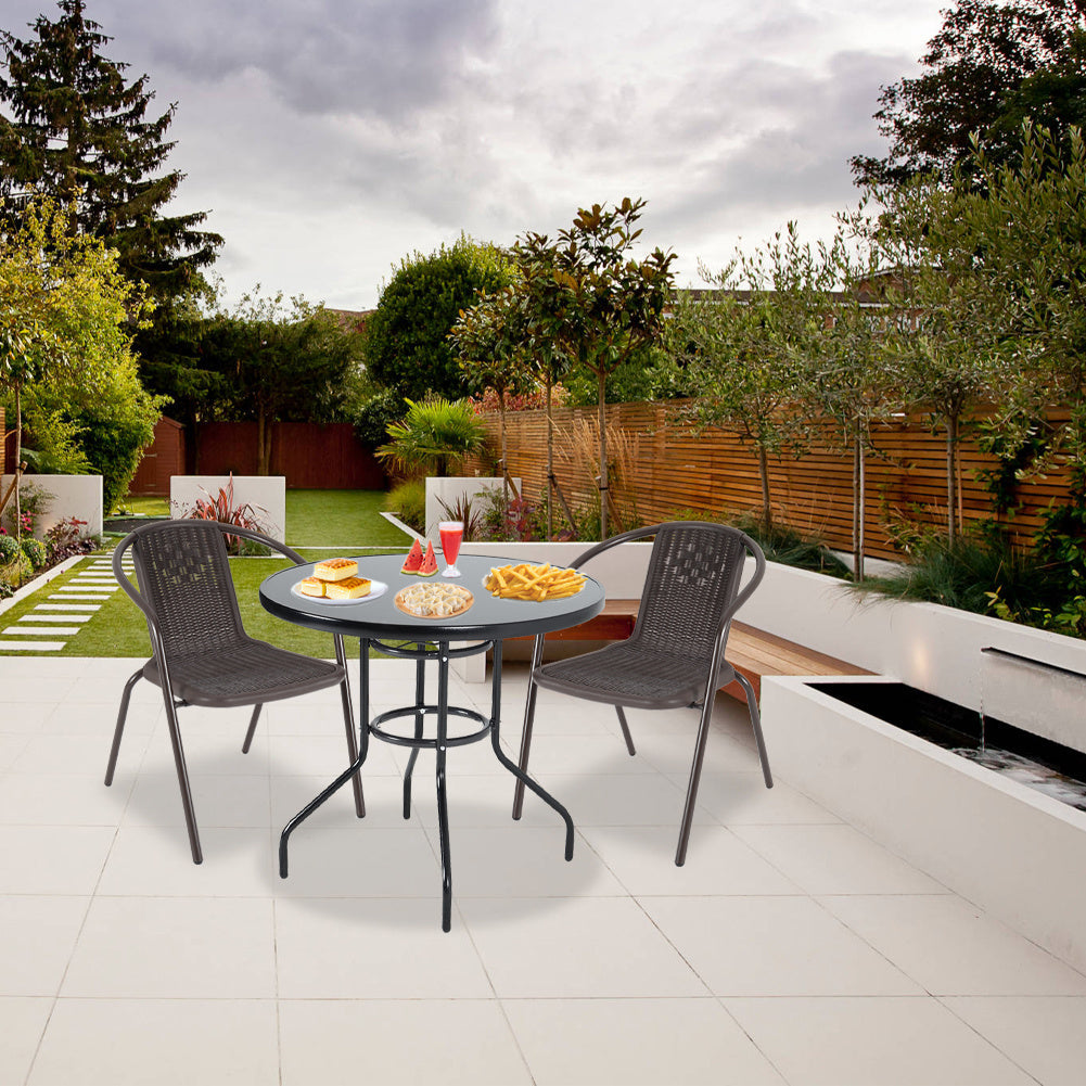Set of 3 Garden Patio Glass Umbrella Round Table and Stackable Chairs Set
