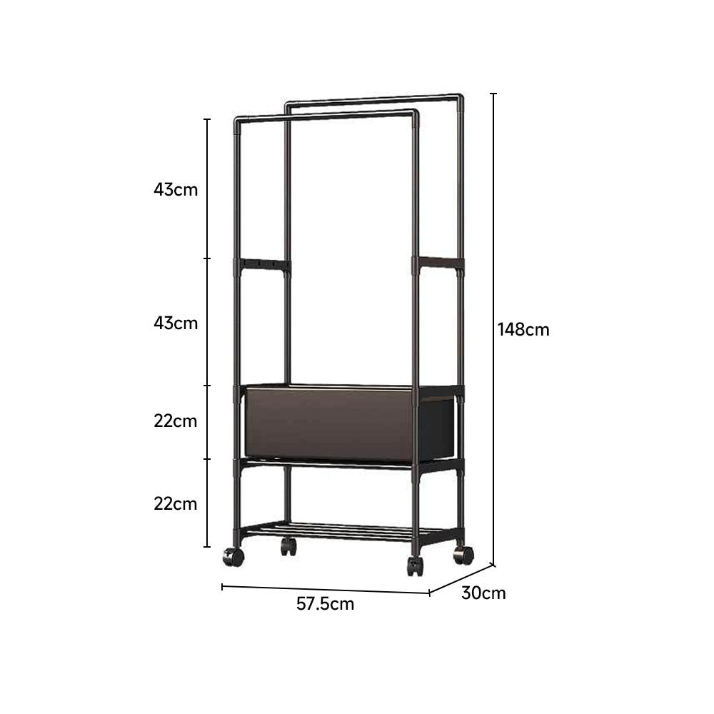 Double Rod Metal Clothes Rack with Laundry Basket